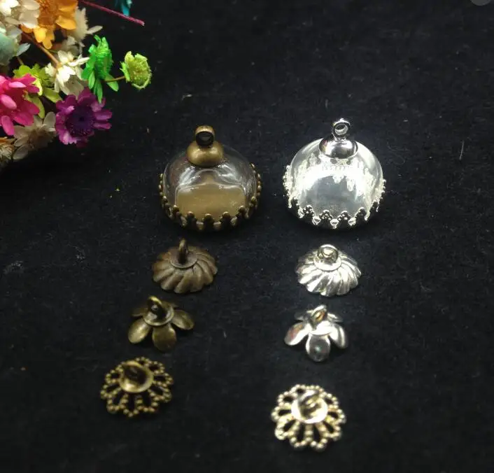 

100sets/lot15mm bronze/silver plated 15mm half glass globe & crown base & cap set glass vial DIY pendants glass cover bubble