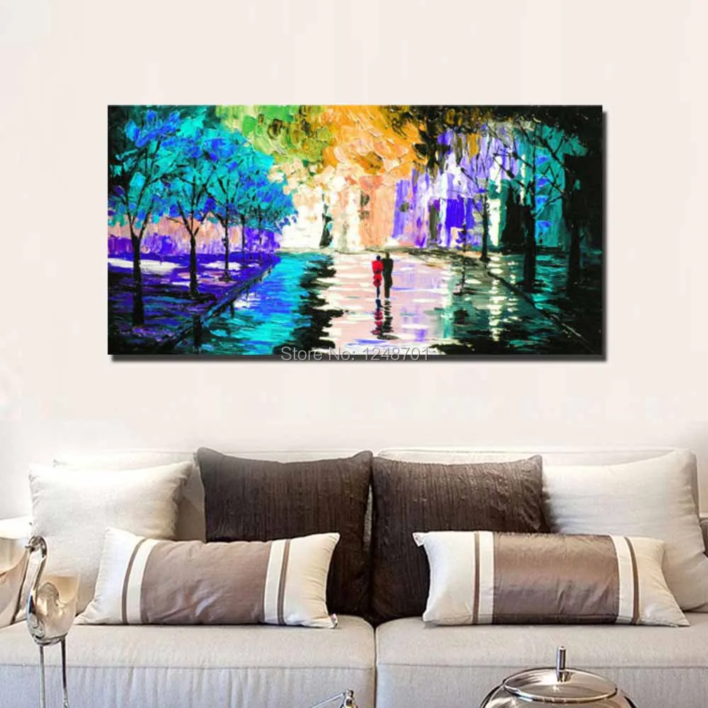 

Hand Painted Abstract Impasto Landscape Oil Painting On Canvas Lovers Walk on the Road Wall Pictures Living Room Home Decor Art