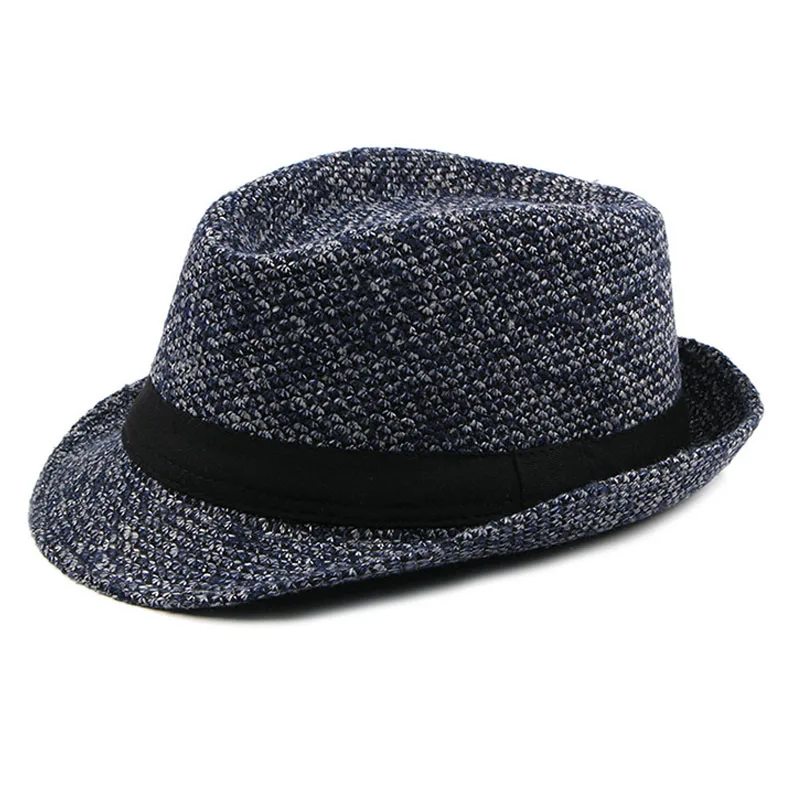 FS осень зима мужская войлочная Кепка Панама шляпа Trilby винтажная классическая мужская короткий край джаз шляпа Повседневная шапка s черный коричневый - Цвет: Navy Blue