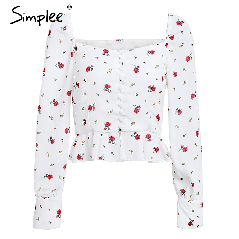 Print Женская белая рубашка Simplee с рюшами, винтажный дутый топ с баской, шифоновая блузка с прямоугольный вырезом, принтом и длинными рукавами на лето - Цвет: Print