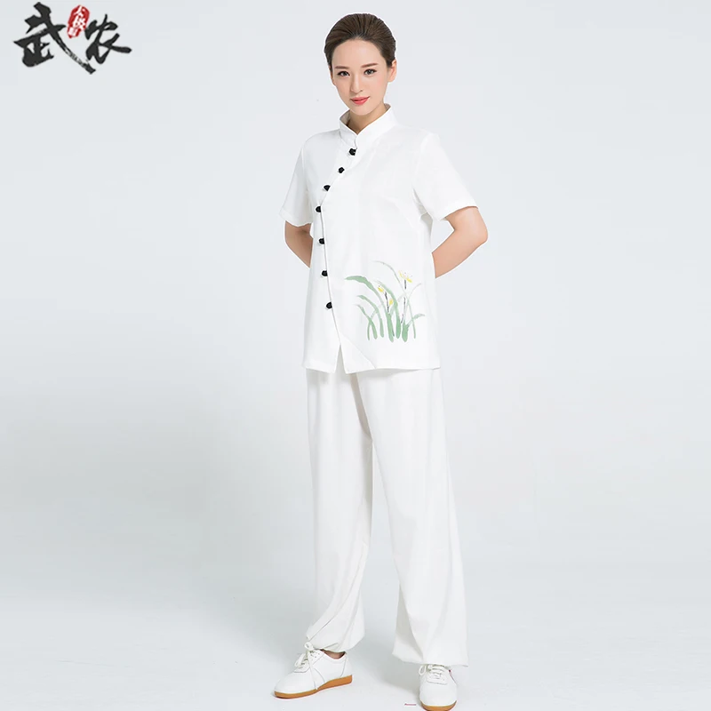 2018 New Product  Linen Kung Fu Clothes Hand Painted Short Sleeve Tai Chi Clothing Women Uniform Wushu Uniforms