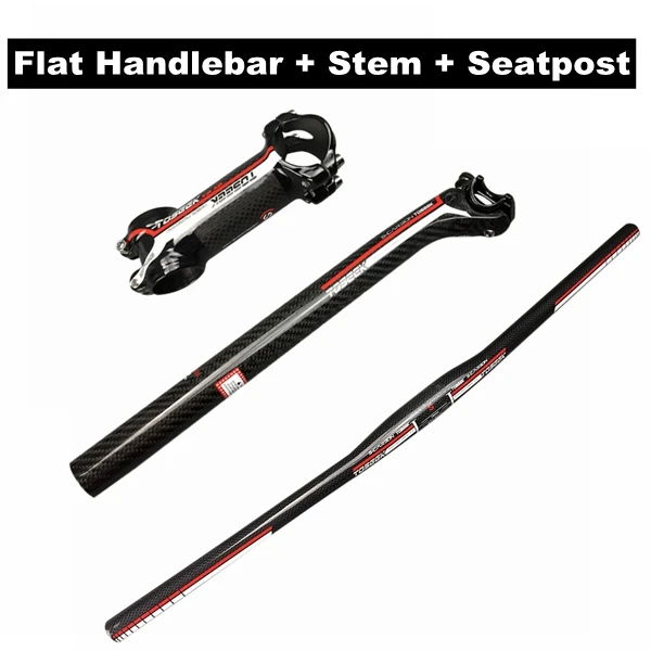 Flat Handlebar Set TOSEEK красный лаковый 3K Углеродное волокно велосипед MTB Руль набор горный велосипед вынос руля стойка сидения(офсетный 20 мм - Цвет: Flat Handlebar Set