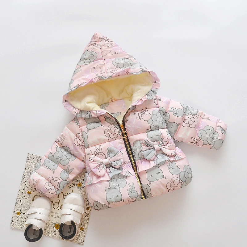 Детское утепленное хлопковое пальто с капюшоном и цветочным принтом Kitty|Зимняя
