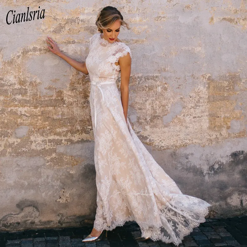 

Винтажное кружевное богемное свадебное платье цвета шампанского, а-силуэт, с рукавом-крылышком, сексуальное свадебное платье с открытой сп...