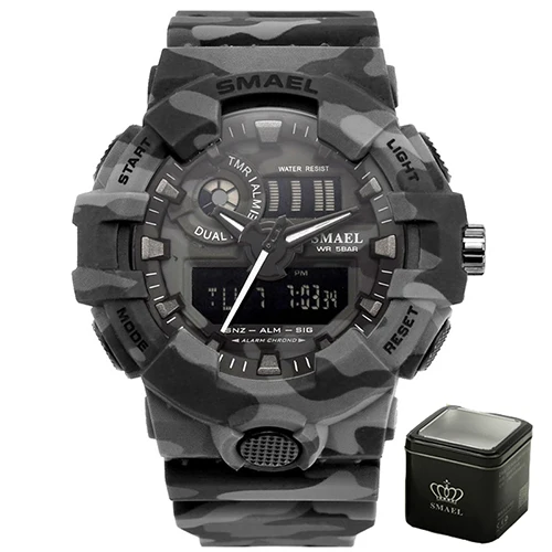 Gary Camo with box Для мужчин часы белый Dual Time SMAEL Спорт Часы Будильник 8001 Военная Униформа армии наручные часы водонепроницаемые мужские часы relogio masculino - Цвет: Gary Camo with box