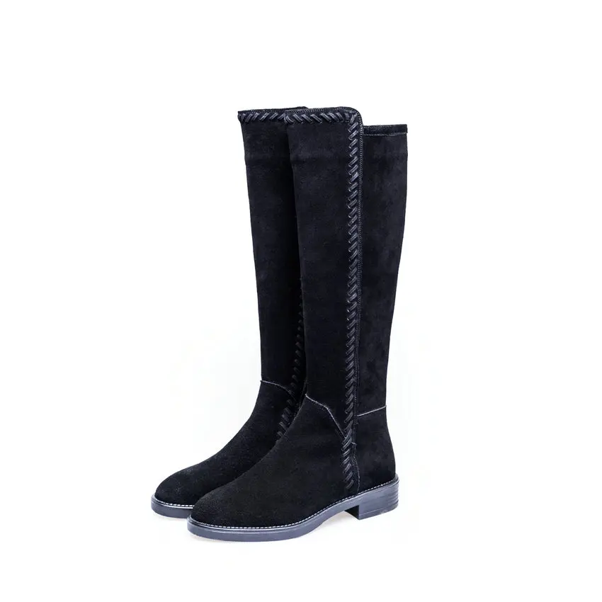 Cow suede Black ESVEVA/ г. Обувь Женские однотонные сапоги до колена на низком квадратном каблуке Осенняя обувь в западном стиле с круглым носком высокие сапоги до бедра, размеры 34-39 - Цвет: Cow suede Black