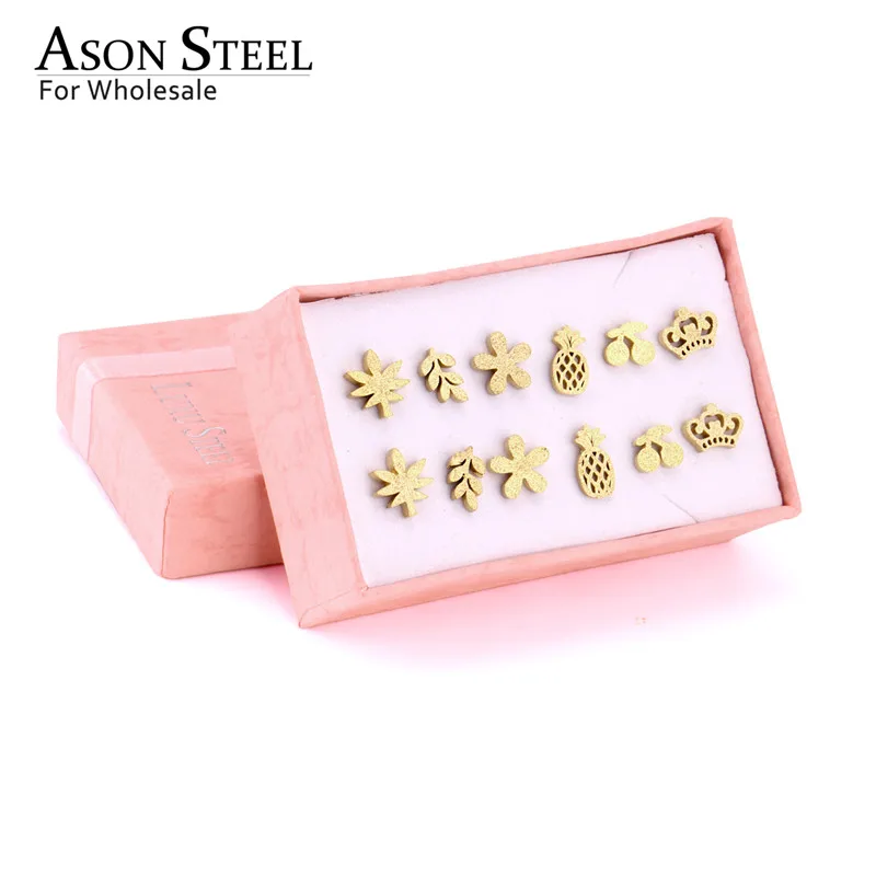 Набор серег ASONSTEEL золотые короны цветы скраб 6 пар/кор. из нержавеющей стали
