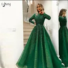 Великолепное зеленое блестящее вечернее платье с бусинами, 2018 г., с длинными рукавами, Abiye, винтажное, с кристаллами, кружевное платье для выпускного бала