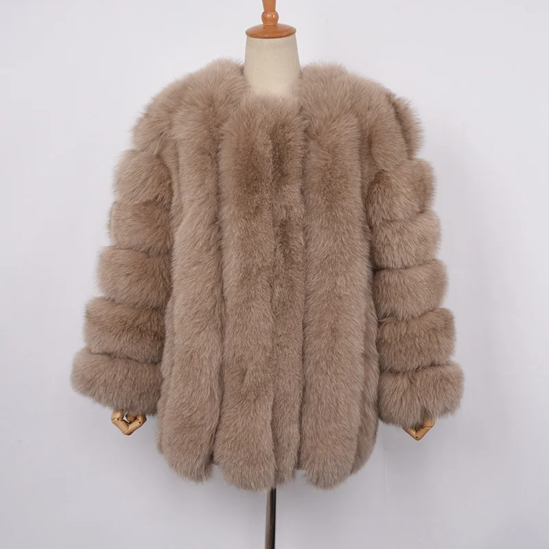 Fox Light Camel Женское роскошное пальто из натурального Лисьего меха, Высококачественная куртка из натурального меха енота, Женская Классическая стильная зимняя Толстая теплая куртка S7158B - Цвет: Fox Light Camel