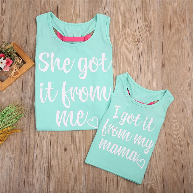 

Summer women's English letter print bow vest mother and daughter's t shirt