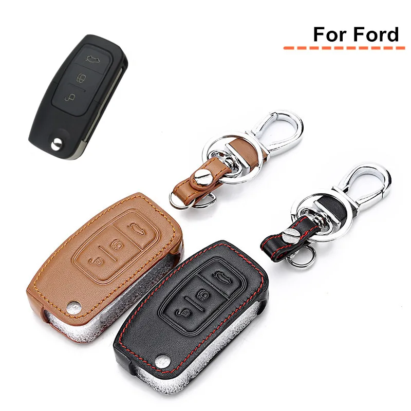 3 кнопки кожаный чехол для ключей автомобиля для Ford Fiesta Focus Mondeo Сокол B-Max C-Max флип складной ключ сумка протектор брелок