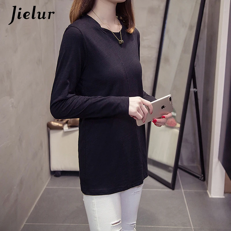 Jielur 2019 новые осенние корейские женские одноцветные футболки тонкие с длинными