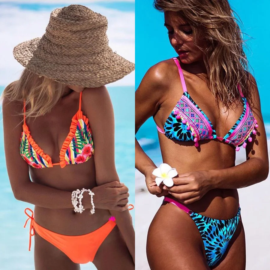 Женский комплект бикини ESSV бразильский купальник стринги с оборками на спине