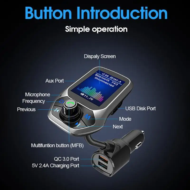 T43 1,8 дюймов Цвет Экран Дисплей Автомобильный MP3-плеер Bluetooth громкой связи FM передатчик QC3.0 быстро Зарядное устройство TF AUX Поддержка карт флеш-накопителей USB