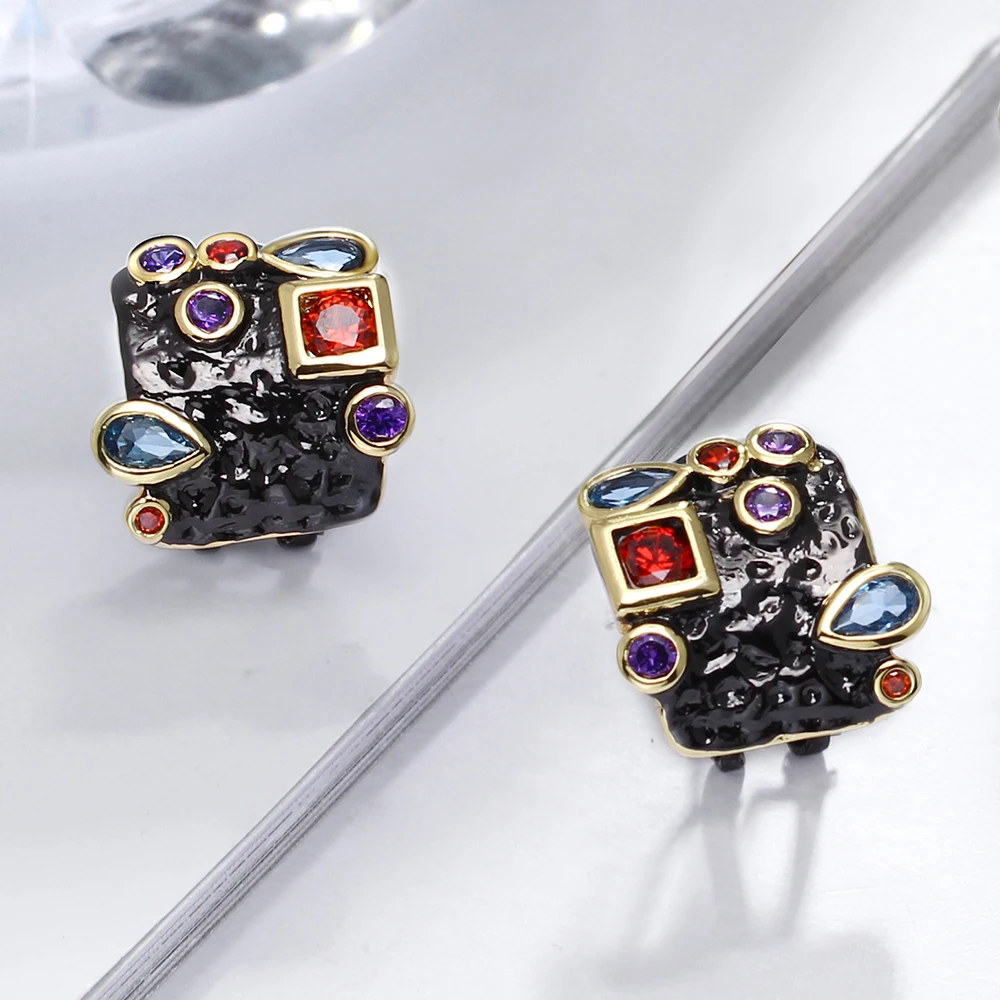 

New Square Stud Earring Boutique Black Jewelry For Women With Multi Color Zirconia Oorbellen Voor Vrouwen Kolczyki
