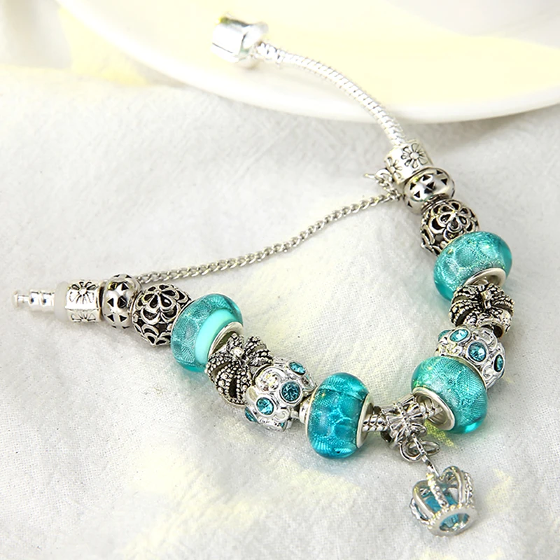 CUTEECO 2018 New European Lovers Trendy Jewelry Blue Crown Charm Bracelets &amp Bangles Beads fits Brand Femme | Украшения и