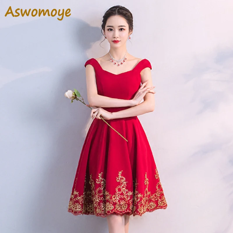 Aswomoye новые стильные 2018 Золотые Аппликации Короткие женские красные свадебные