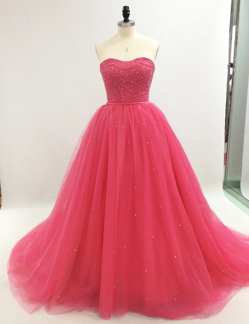 Розовое длинное бальное платье Quinceanera 2018 с бусинами и кристаллами пышное для
