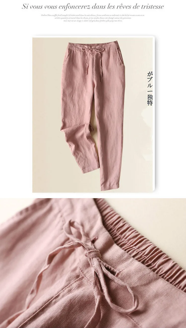 Female Summer Cotton Linen Pants Korean Plus Size 3xl Khaki Pencil Pants Girls Loose Slim Trousers Women Casual Lace Up Capri