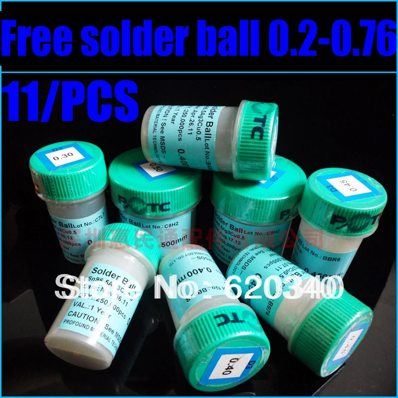 

Free Shipping PMTC 0.2-0.76mm Big bottle BGA Lead-Free Solder Balls 250K BGA Rework Reballing Solder Ball 11/pcs Bottle Set