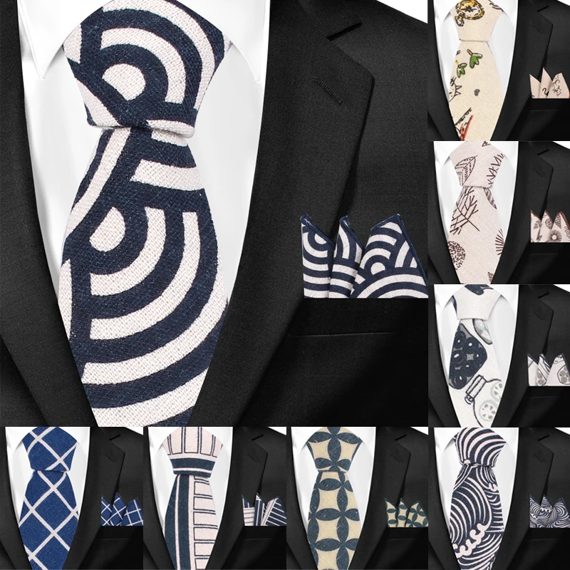 

New Floral Print Necktie and Pocket Square Sets Cotton Linen Ties For Men Plaid Slim Tie Male Suits Skinny Neck Tie Gravats