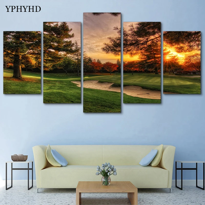 YPHYHD 5 шт. поле для гольфа закат модульные фотографии настенная живопись холст HD