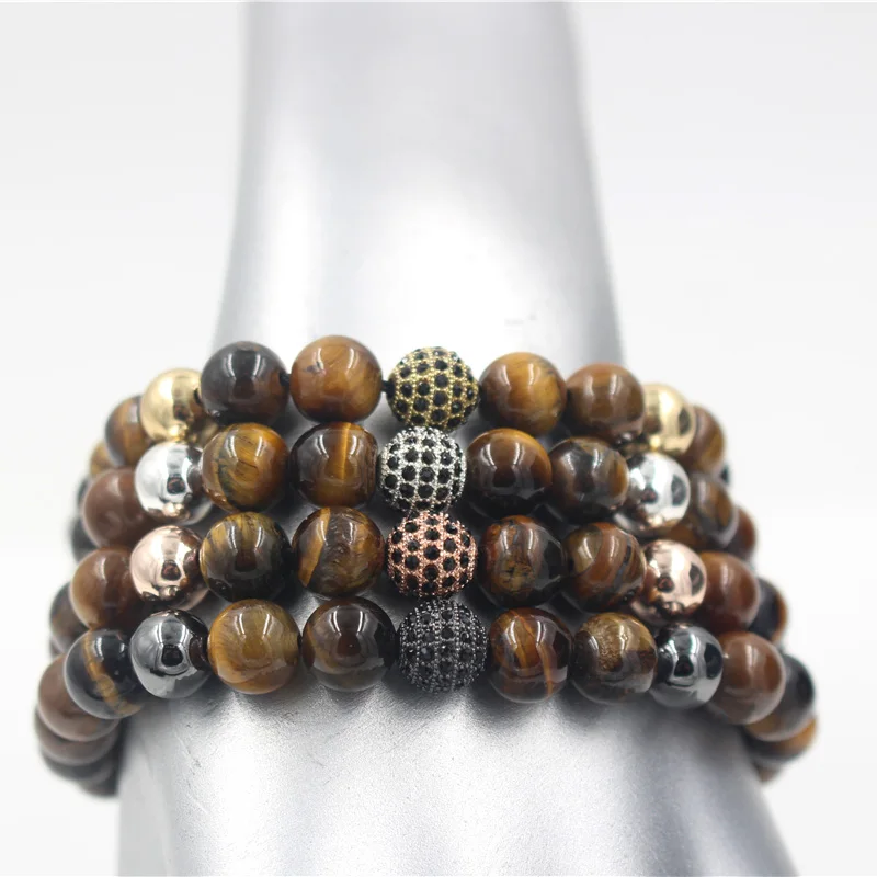 

NADEEM 2017 New Luxury Men's 8MM Tiger Eye Stone Bead Micro Pave Black CZ Copper Ball Charm Braiding Macrame Bracelet Jewelry