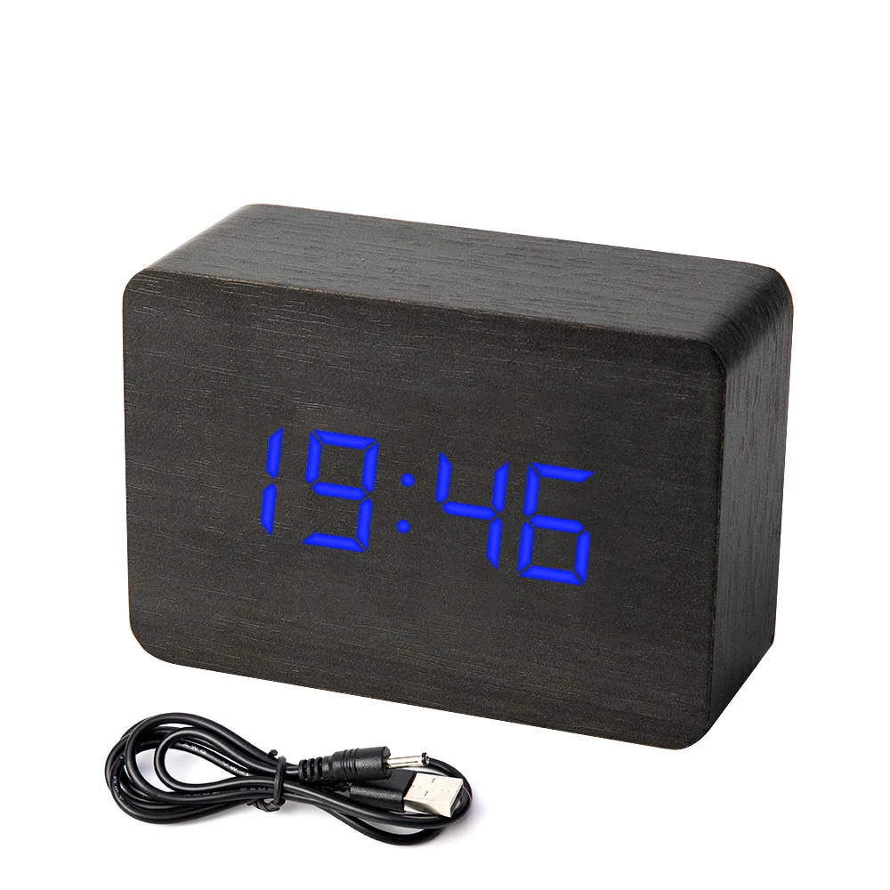 Black wood blue Деревянный бамбуковый светодиодный цифровой будильник Reloj Despertador современные настольные часы с температурой светодиодный электронный - Цвет: Black wood blue