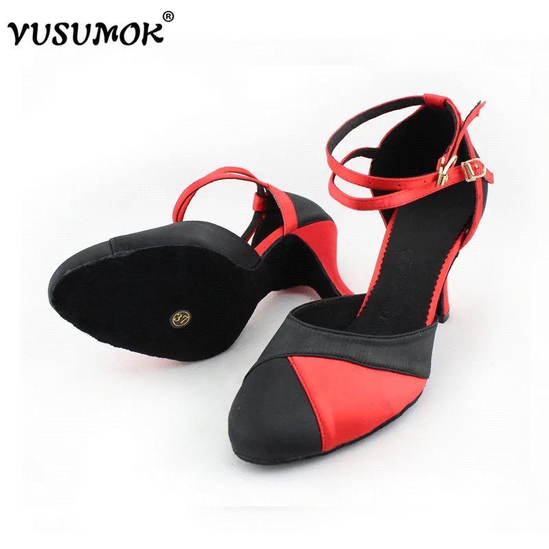 Танцевальные туфли VUSUMOK для бальных танцев Латинский танец Сексуальный Сальса Вечеринка Квадратный черный красный Женщины Девушки Дамы 2017 Новинки