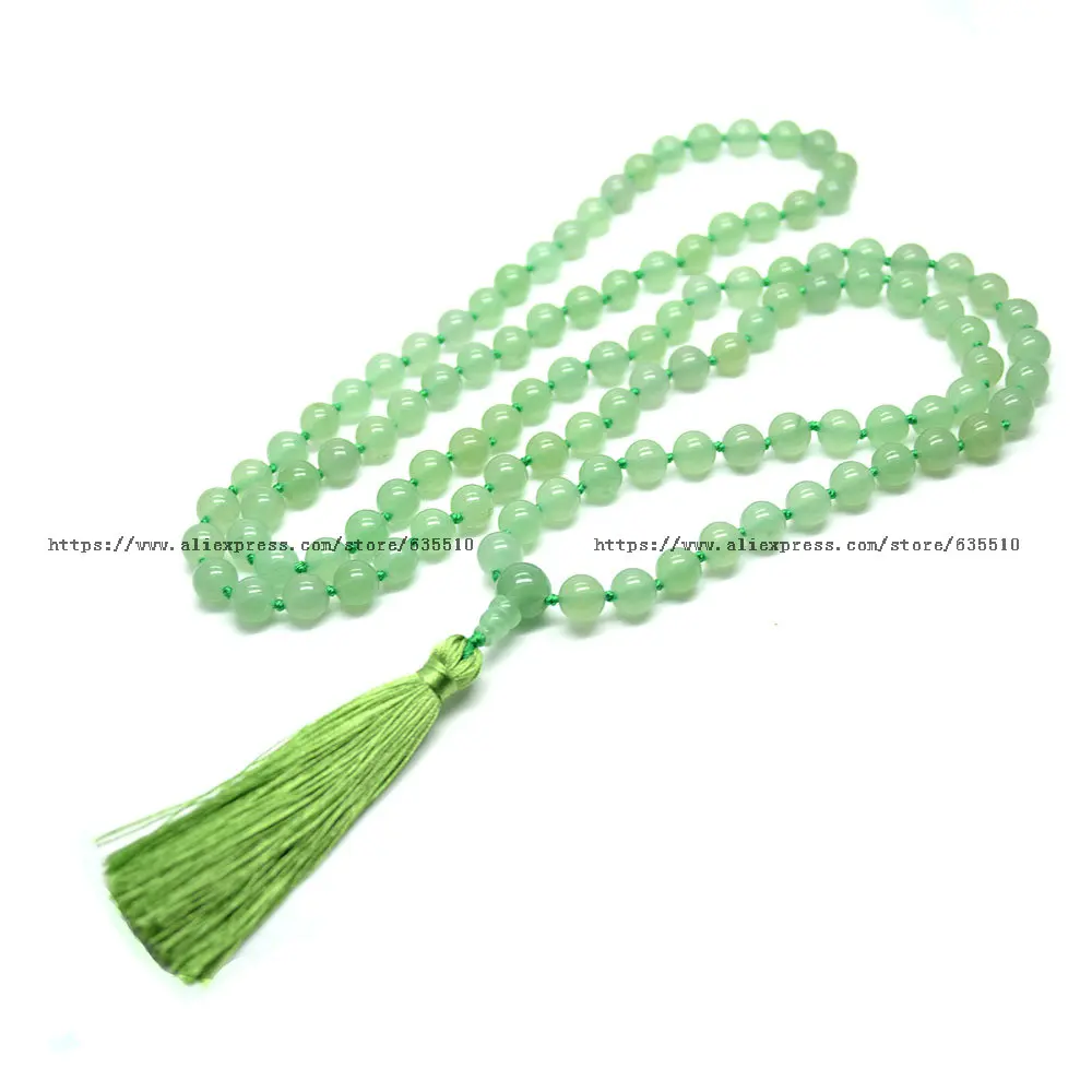 

Wholesale Natural Crystal Round Beads Silk Tassel Pendant Long Necklace Fashion Mala Prayer Jewelry Black Onyx Green Aventurine