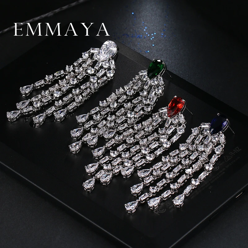 Роскошь Emmaya красные зеленые прозрачные синие длинные серьги для женщин Висячие