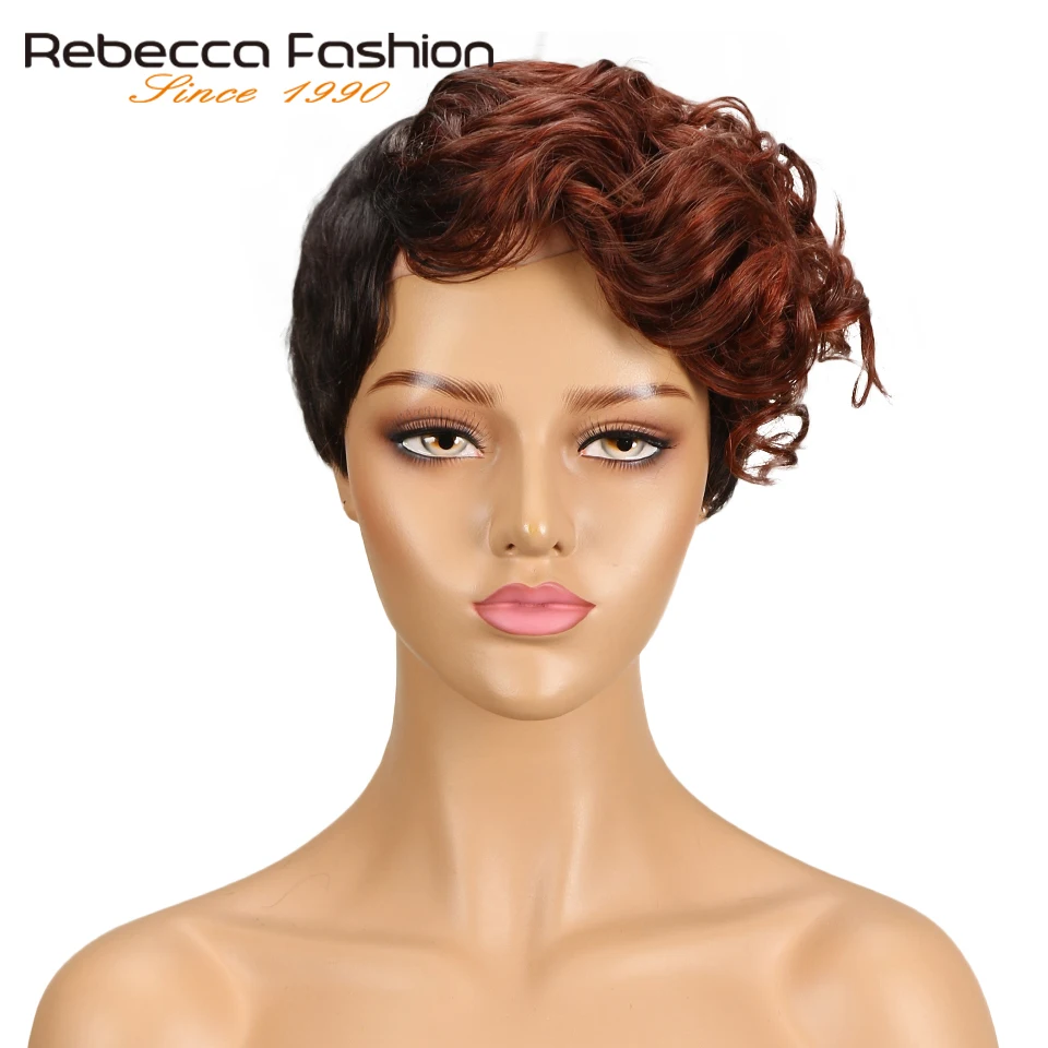 Rebecca Short Sassy Curly Hair Wig Peruvian Remy Human Wigs For Black Women Brown Red Mix Color Machine Made Free Ship | Шиньоны и - Фото №1