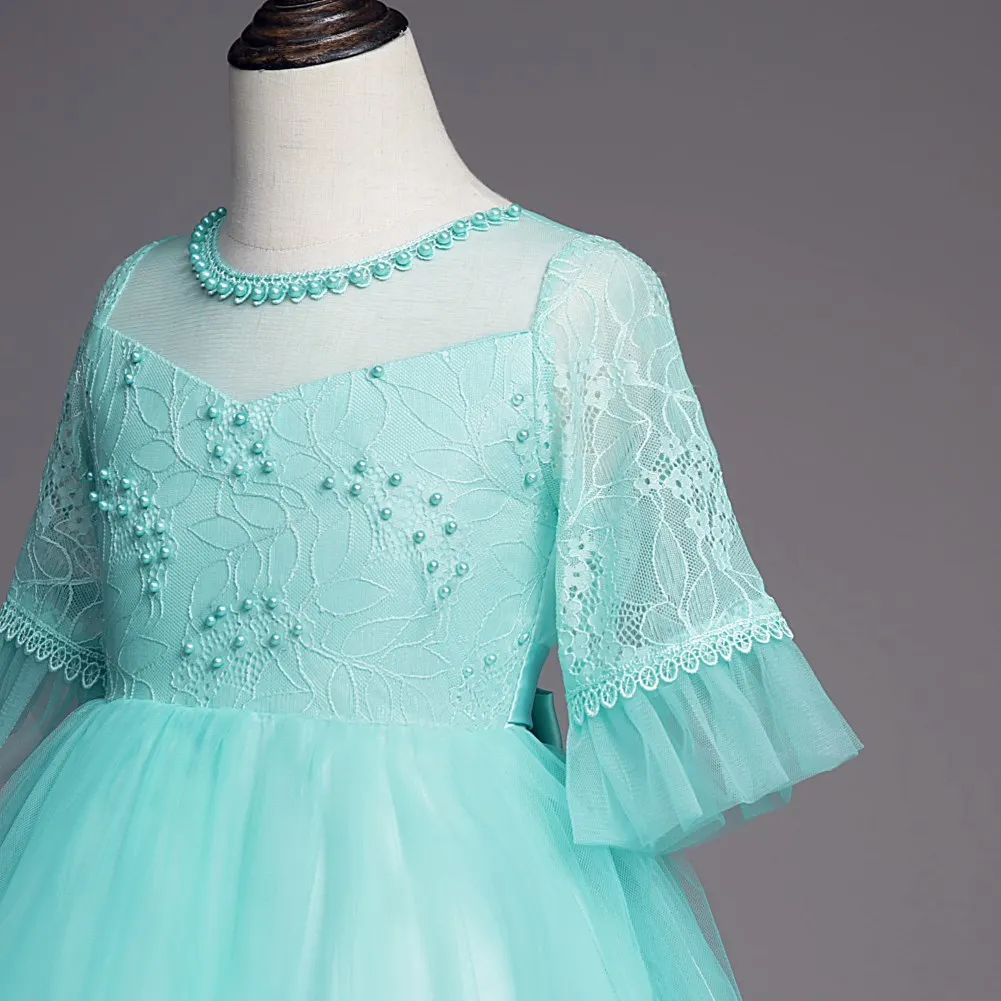 Pearls Appliques Princess Girls Evening Party Dress Children Flower Dresses for Weddings Ball Gown Kids Vintage | Детская одежда и