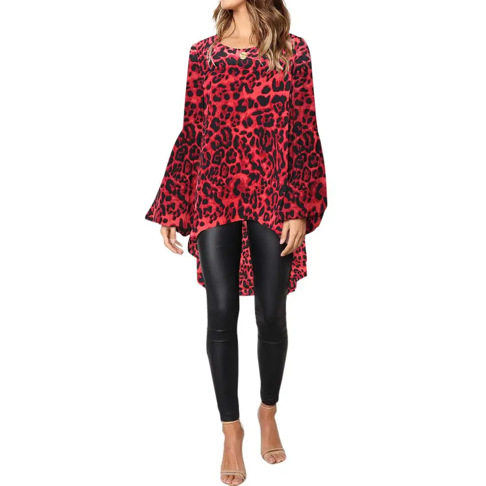Yiwa Women Sexy Leopard Printing Long Bubble Sleeve Round Neck Irregular Casual Shirt Ladies Tops Plus Size |