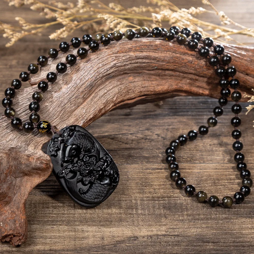 Koi Рыба Лотос Обсидиан Резной кулон ожерелье Счастливый богатый символ Бизнес