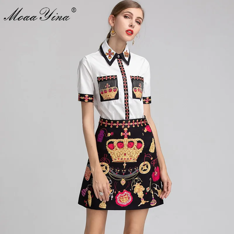 MoaaYina модельер Set Для женщин с коротким рукавом Бисер элегантные рубашки Топы +