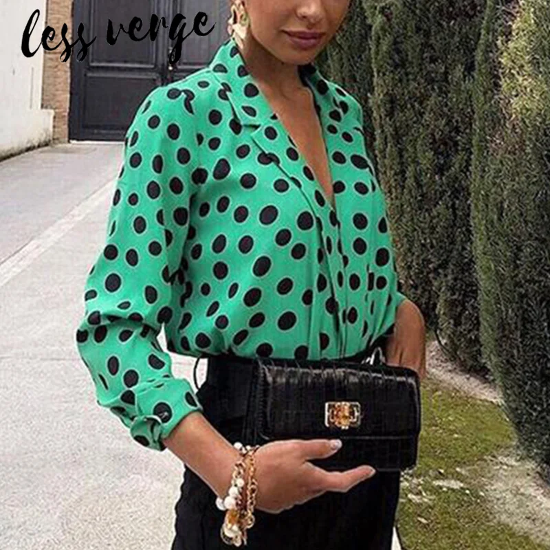 Lessverge Винтаж синий в горошек женская блузка со шнуровкой рубашка с длинным