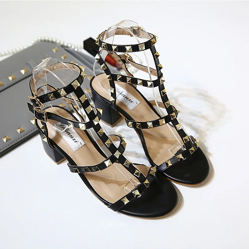 2017 модные летние Обувь Для женщин Гладиатор на Высоком толстом каблуке с