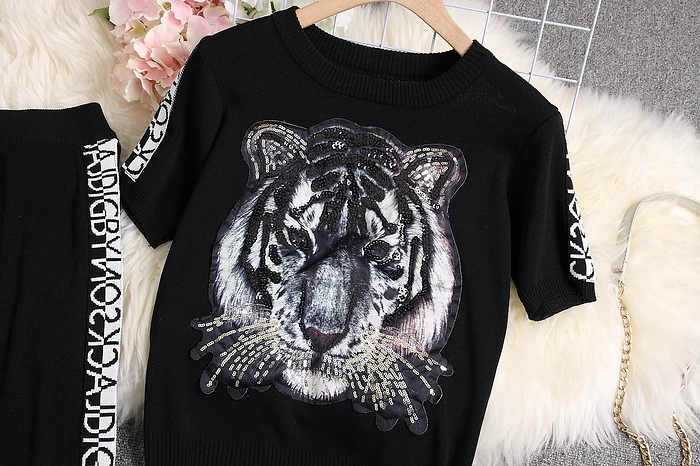 ALPHALMODA, летний трендовый вязаный свитер с тигром+ брюки-карандаш, 2 шт., вязаный костюм для женщин с коротким рукавом, трикотажные спортивные костюмы