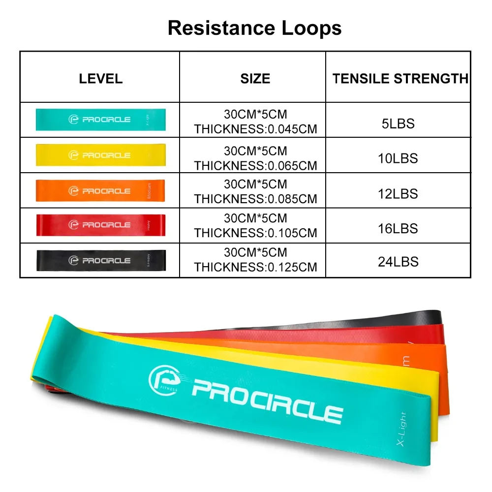 Комплект эластичных лент Procircle из 5 предметов с сумкой ленты для упражнений