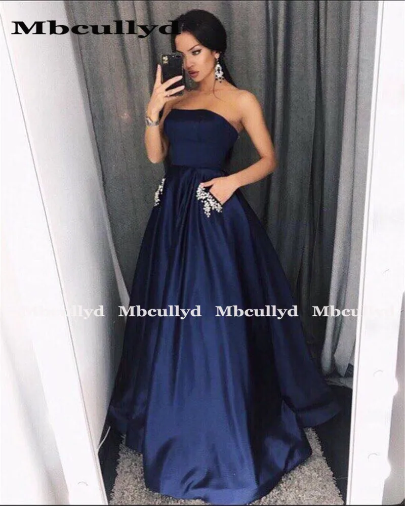 Mbcullyd Luxury Satin Strapless Evening Dresses with Crystal Pockets 2020 Dress For Graduation Long Plus Size vestido de fiesta | Свадьбы и