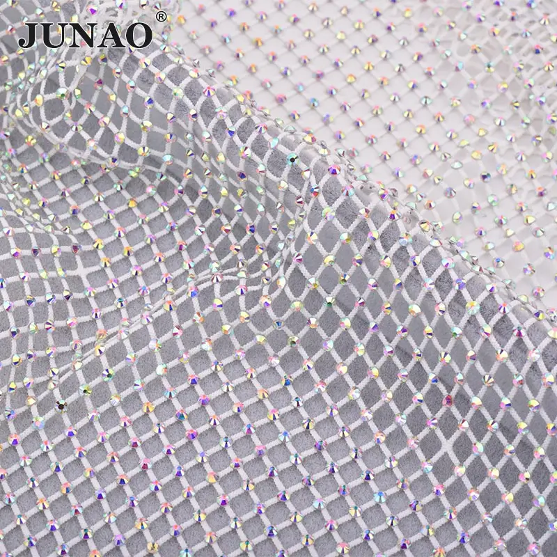 White AB JUNAO 30x40 см белый усеяны искусственными драгоценными камнями; сетчатая ткань эластичная стеклянная отделка горного Хрусталя полые Strass сетка из кристаллов для платья украшения одежды - Цвет: White AB