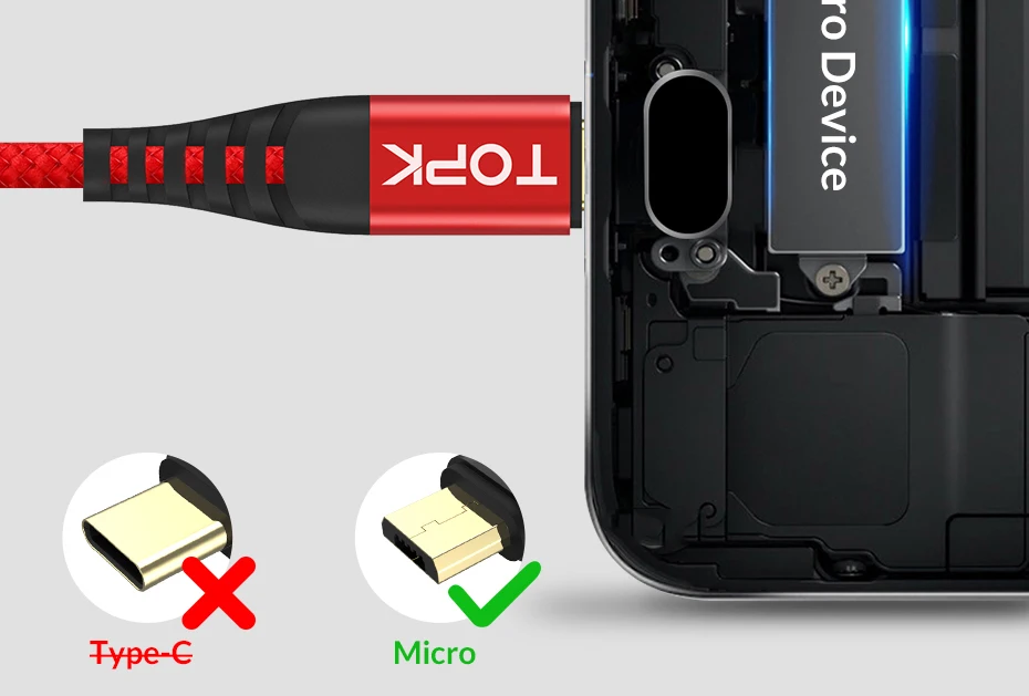 TOPK 1 м высокопрочный круглый кабель Micro USB кабель нейлоновый плетеный кабель для передачи данных для samsung Galaxy S7 край S6 Xiaomi Redmi Note 5 кабели для мобильных телефонов