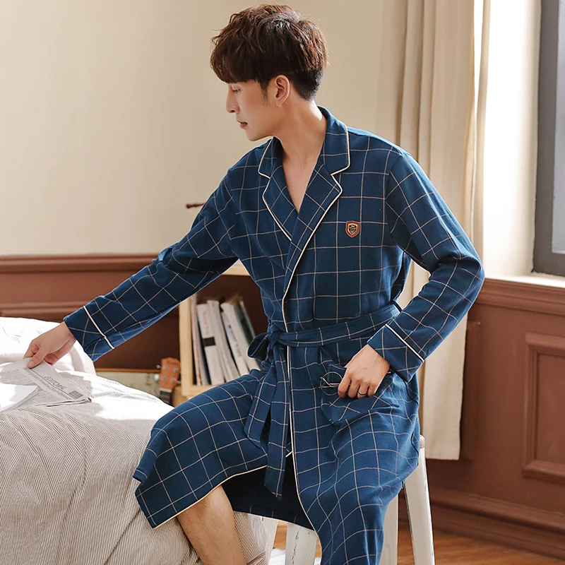 Новинка хлопок Yukata Мужская Высококачественная брендовая клетчатая одежда с длинными рукавами и отложным воротником Стильная мужская хлопковая одежда для сна нижнее белье халат