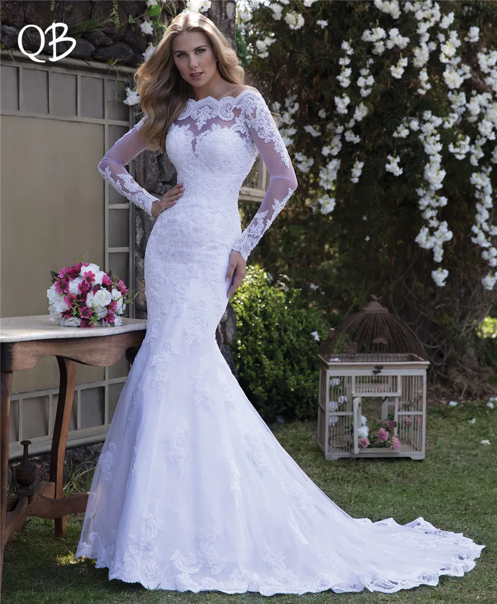 

Vestido de Noiva 2019 Новые Свадебные платья Русалка с длинным рукавом кружево с аппликацией из жемчуга Тюль формальная Роскошная невеста, свадебное...