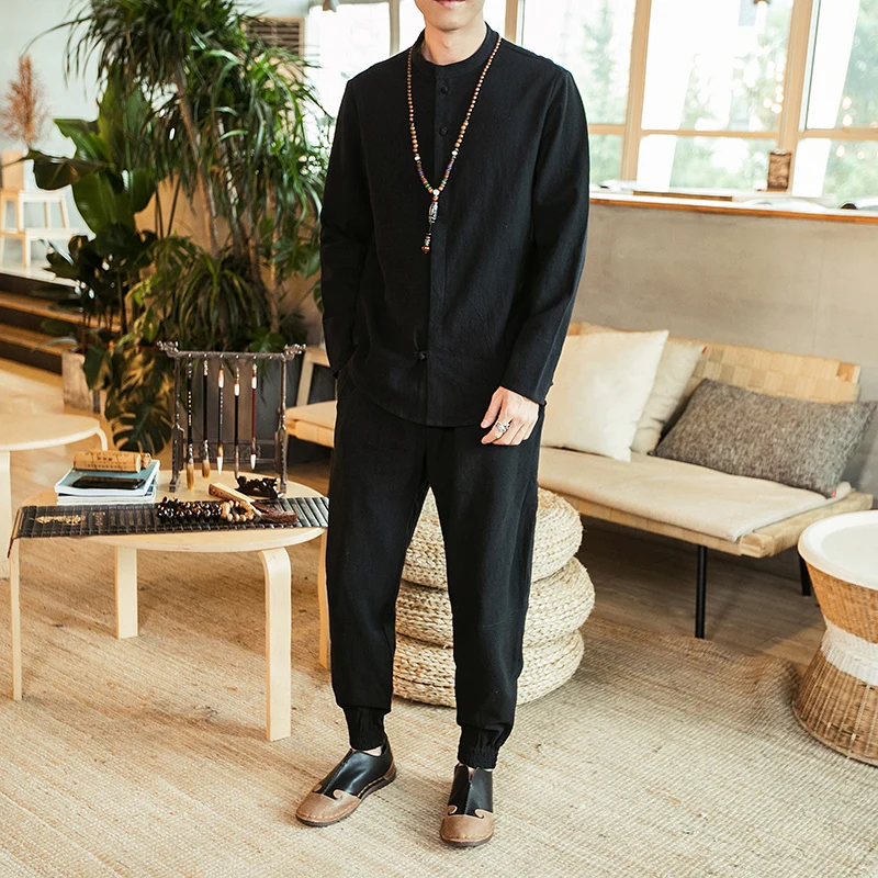 Мужские весенне-осенние хлопковые льняные комплекты из 2 предметов в китайском