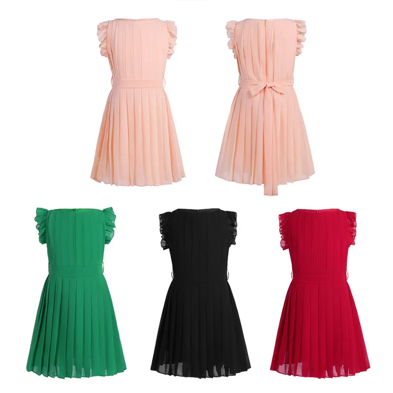 Шифоновое платье с рукавами оборками для девочек ТРАПЕЦИЕВИДНОЕ плиссированное