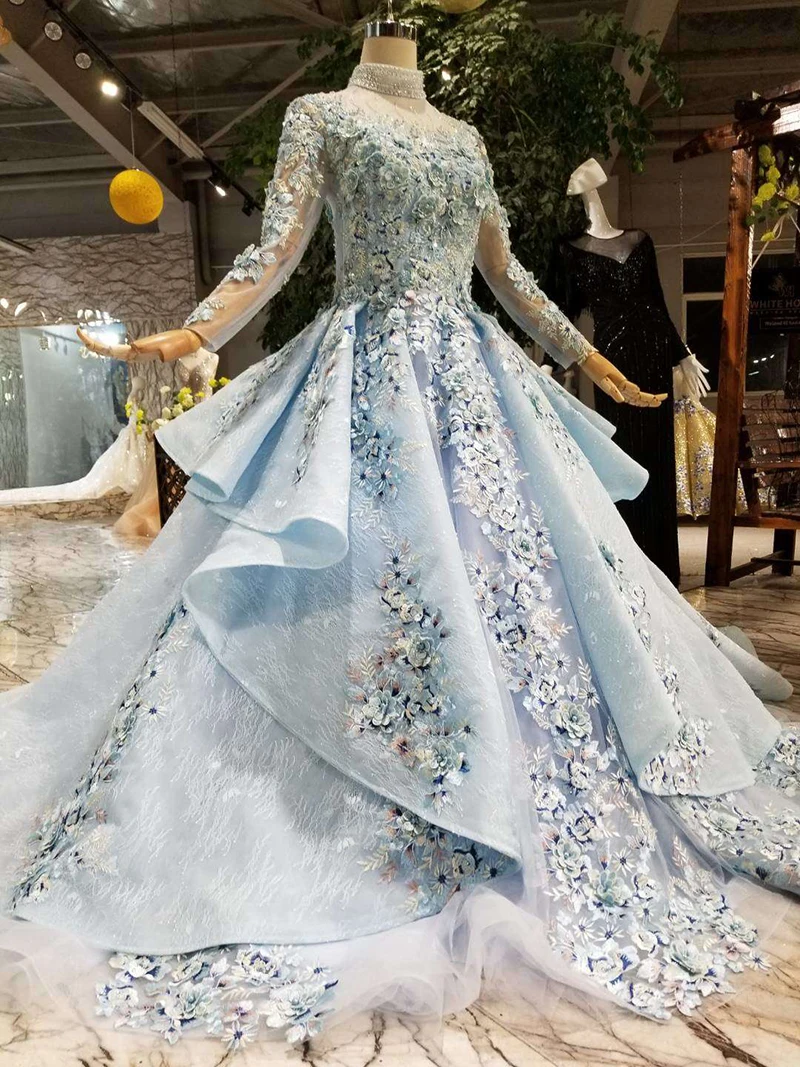 LS320400G blue special dubai puffy party dresses high neck long tulle sleeve lace up back evening dresses can make for muslim