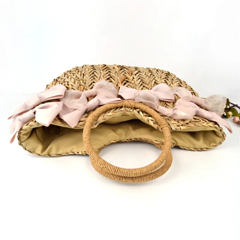 

Bow Decoration New Hand Made Round Rattan Bags Beach Bag Women Fashion Woven Straw Bag Quality Craft Woven Ladies Hand Bags