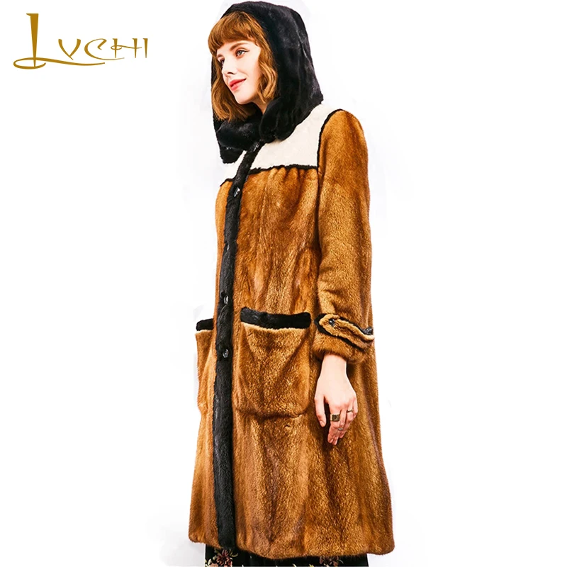 LVCHI Winter2017 импортная Корона бархатная норковая шуба женская с меховым капюшоном